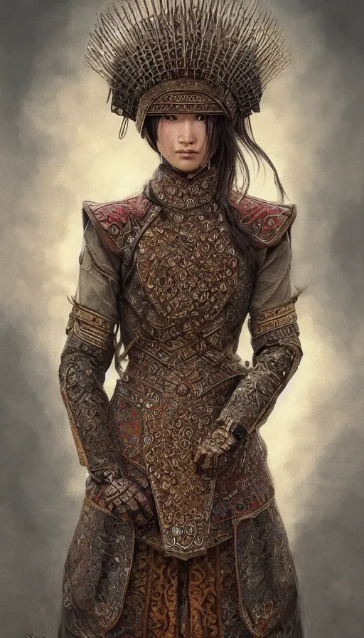 Prompt: hunter shafer, traditional mongolian clothing, fame of thrones, fibonacci, sweat drops, intricate fashion clothing, insane, intricate, highly detailed, surrealistic, digital painting, artstation, concept art, smooth, sharp focus, illustration, unreal engine 5, 8 k, art by artgerm and greg rutkowski and alphonse mucha