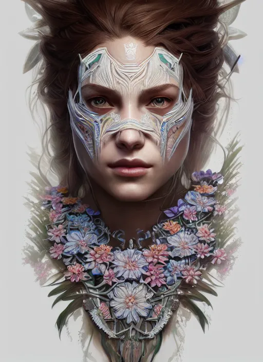 Image similar to symmetry!! portrait of floral! horizon zero dawn machine, intricate, elegant, highly detailed, digital painting, artstation, concept art, smooth, sharp focus, illustration, art by artgerm and greg rutkowski and alphonse mucha, 8 k