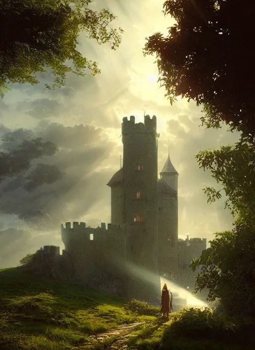 Image similar to small poor medieval castle, mist, sunrays, dust in the air, dnd character, unreal engine, octane render, dramatic lighting, pond, digital art, by stanley artgerm lau, greg rutkowski, thomas kindkade, alphonse mucha, loish, norman rockwell,