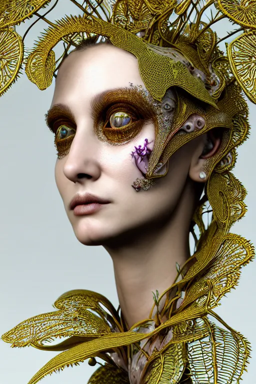 Image similar to intricate hyper detailed ultra sharp 3 d render of a beautiful porcelain biomechanical woman profile portrait, large pore fungi embroidered, cyberpunk art nouveau, haute couture leaves stems blooming dahlia transparent fractal dandelion yellow pistil filigree roots, intricate details, octane render, volumetric cinematic lighting, vray tracing, 8 k post - production