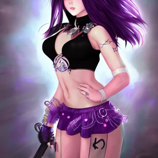 Image similar to evanescence kerli koiv anime goth girl with purple hair in mini skirt and crop top intricate, extremely detailed, artstation, 8 k, sensual lighting, incredible art, wlop, artgerm