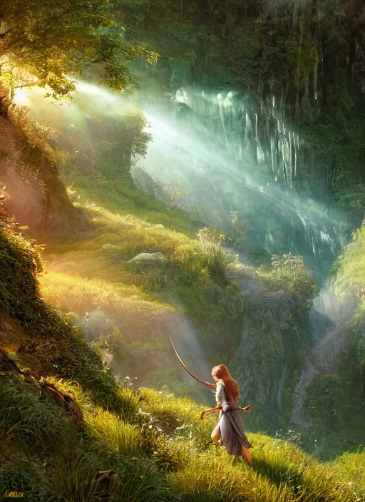 Image similar to a fairy flying in the distance in a lord of the rings scenery landscape, a vast lush valley flowers and wood structures, stream, sunrise, god's rays highly detailed, vivid color, cinematic lighting, perfect composition, 8 k, gustave dore, derek zabrocki, greg rutkowski, belsinski, octane render