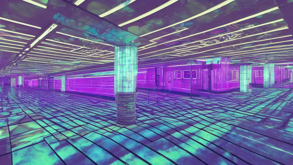 Image similar to vaporwave inferable train floor in a bright lobby, iso 2 0 0