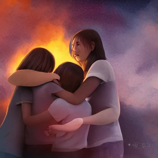 Image similar to A family hugging each other for the last time as the world is ending, meteors are falling from the sky, everything is on fire, dramatic lighting, digital art, very very very very very very beautiful, 8K, dark lighting, trending on Artstation, award winning