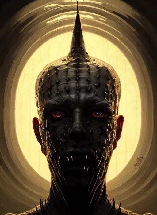 Image similar to symmetry!! portrait of pinhead, horror, moody lights!! intricate, scary, highly detailed, digital painting, artstation, concept art, smooth, sharp focus, illustration, art by artgerm and greg rutkowski and alphonse mucha