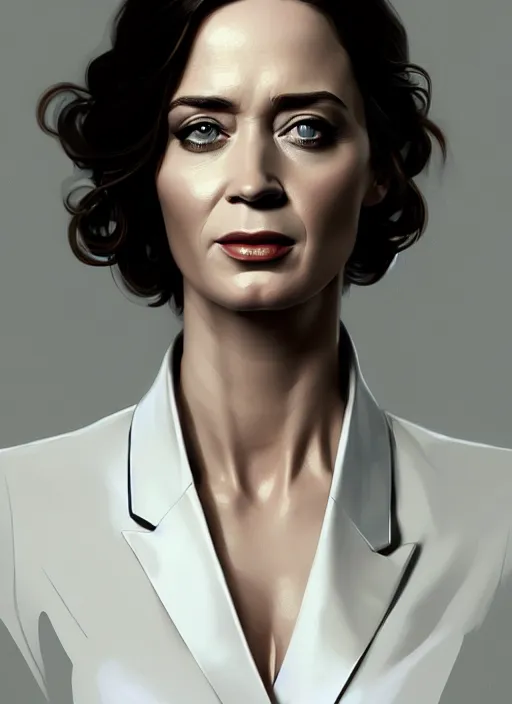 Prompt: portrait of emily blunt as business woman, black suit, white shirt, black tie, intricate, headshot, highly detailed, digital painting, artstation, concept art, sharp focus, cinematic lighting, illustration, art by artgerm and greg rutkowski, alphonse mucha, cgsociety