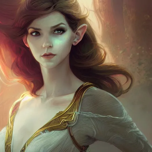 Prompt: portrait of a female elf, elegant, digital painting, highly detailed, fantasy, artstation, concept art, smooth, sharp focus, illustration, art by artgerm and greg rutkowski and alphonse mucha