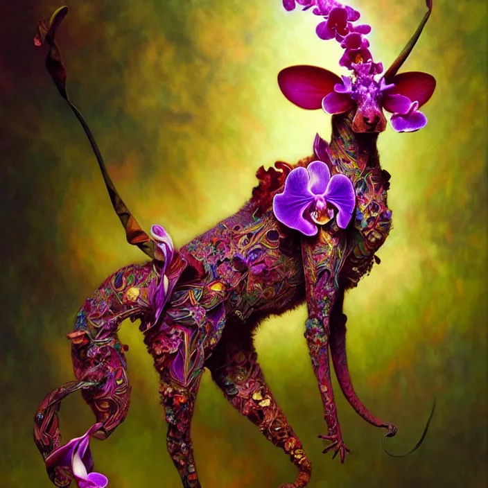 Image similar to psychedelic animal made of orchid, diffuse lighting, fantasy, intricate, elegant, highly detailed, lifelike, photorealistic, digital painting, artstation, illustration, concept art, smooth, sharp focus, art by John Collier and Albert Aublet and Krenz Cushart and Artem Demura and Alphonse Mucha