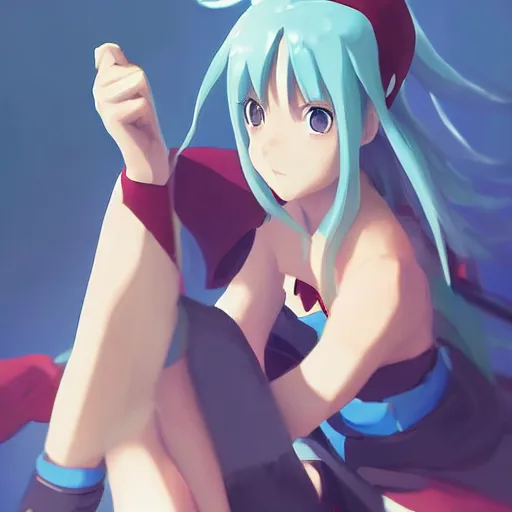 Image similar to aqua from konosuba, painting, cool color palette, refreshing, soft lighting, by hayao myazaki, by wlop