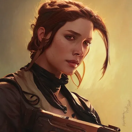 Image similar to bounty hunter, painted character portrait, highly detailed, digital painting, artstation, concept art, sharp focus, illustration, art by artgerm and greg rutkowski and alphonse mucha