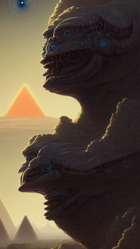 Image similar to full - face close - up portrait, your mom is a cosmic horror by bruce brenneise and peter mohrbacher, alien ancient ruins in background, giant stone pyramids in the distance, on an alien planet with craters, 3 d render, neosurrealism. digital concept art, pixel art, rendered in octane, trending on cgsociety, trending on artstation