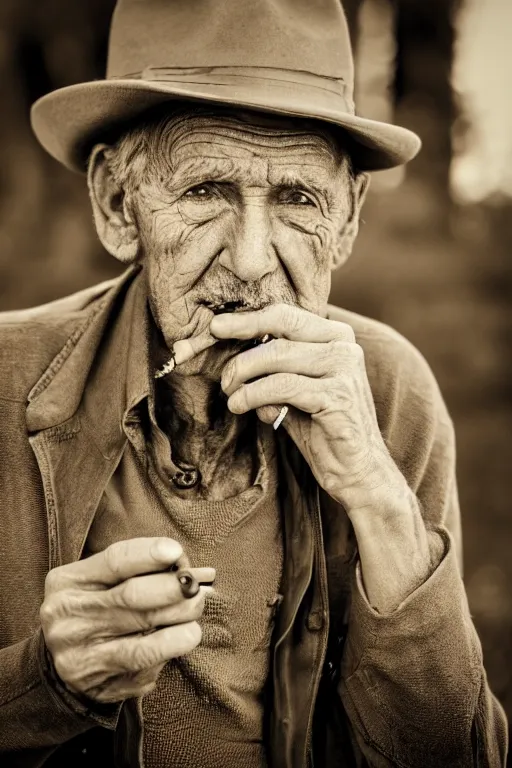 Prompt: sepia close up photograph of an old man with a worn face and trilby smoking a cigarette staring sadly into the camera, Nikon 50mm f/1.8G, award winning, detailed, 4K