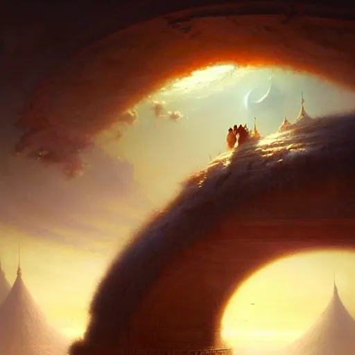 Image similar to giant crescent under construction in a magic fluffy persian carpet dimension, by greg rutkowski and gaston bussiere, dim lighting, beautiful volumetric - lighting - style atmosphere, surreal atmosphere, intricate, detailed, photorealistic imagery, artstation