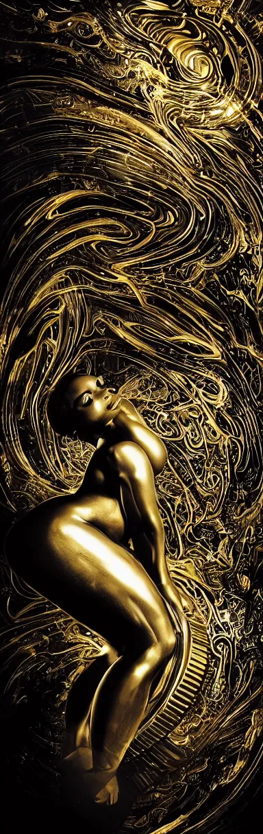 Image similar to pencil drawing illustration, gold bodypaint, neobrutalistic, digital abstract sculpt of beautiful female body and black swirling latex acrylic portrait, black latex sculpt, minimalism, mechanical superstructure, strong wind, sacred geometry, 8 k, cinematic, magic hour, beautiful light, sculpture of carving marble, dark colors, filigree ornaments, one point light, clockwork