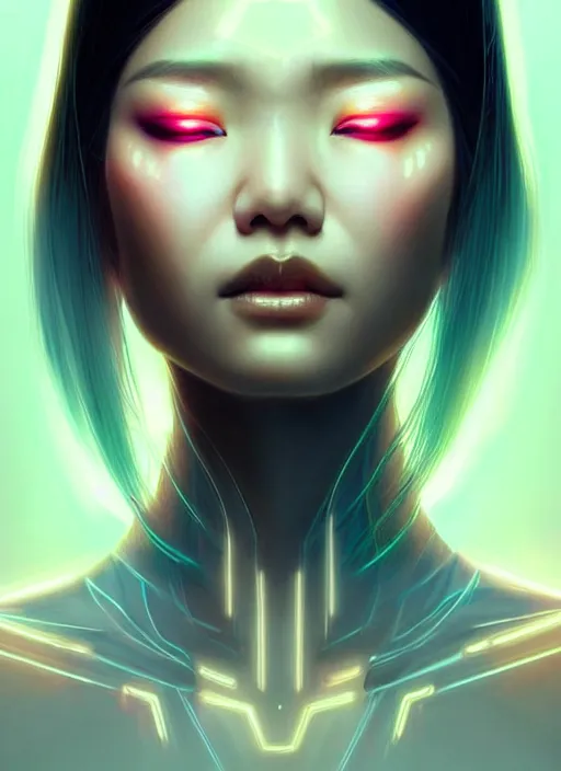 Image similar to portrait of asian female humanoid, intricate, elegant, cyber neon lights, highly detailed, digital illustration, trending in artstation, trending in pinterest, glamor pose, concept art, smooth, sharp focus, art by artgerm and greg rutkowski