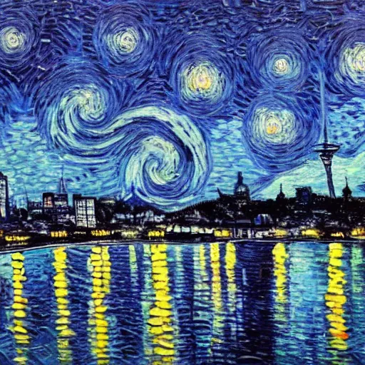 Prompt: Auckland skyline on a starry night painted by van gogh