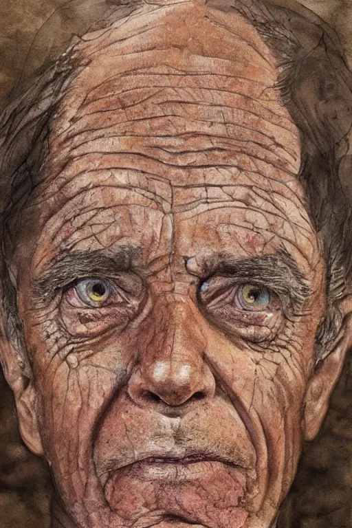 Prompt: portrait of a old man with aquarelle painted skin. trying to say something. close up. very dark brown hair, light eyes. intricate dark flowers pattern background, high detail, by Eddie Mendoza