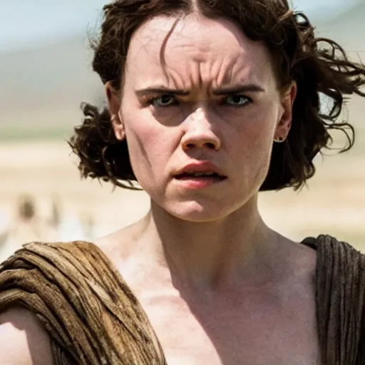Image similar to film still of daisy ridley in gladiator, angry face, depth of field, mid full shot