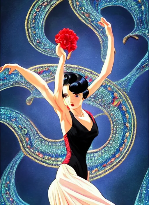 Image similar to a beautiful dancer with black hair in 1940's fashion, ballroom background, intricate, highly detailed, digital painting, artstation, official media, anime key visual, concept art, rich vivid colors, ambient lighting, sharp focus, illustration, art by Artgerm, Makoto Shinkai, Ilya Kuvshinov, Lois Van Baarle, and Rossdraws