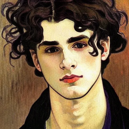 Image similar to painting of young cute handsome beautiful dark medium wavy hair man in his 2 0 s named shadow taehyung at the halloween matcha party, somber, depressed, melancholy, sad, elegant, clear, painting, stylized, delicate, soft facial features, delicate facial features, soft art, art by alphonse mucha, vincent van gogh, egon schiele