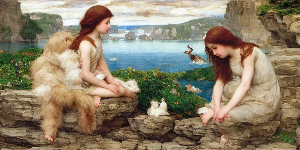 Prompt: 3 d precious moments plush animal, realistic fur, limestone cliffs bu the sea, master painter and art style of john william waterhouse and caspar david friedrich and philipp otto runge