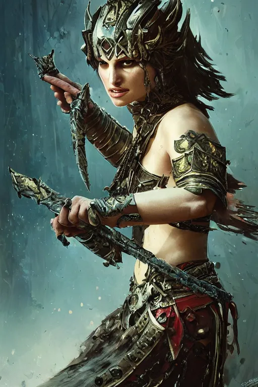 Image similar to natalie portman, legendary warrior, heroic fighter, diablo, fighting fantasy, tattoos, decorative ornaments, battle armor, by carl spitzweg, ismail inceoglu, vdragan bibin, hans thoma, greg rutkowski, alexandros pyromallis, perfect face, finely detailed, realistic shading