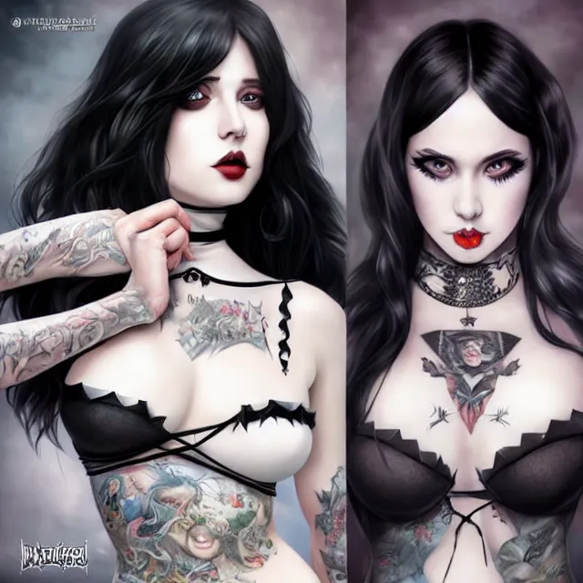 Prompt: two beautiful pale skin white eyed cosplay girls, black hair, fully tattooed body, fishnet corset with choker, symmetrical, beautiful detailed face, masterpiece, artstation contest winner, trending artgerm, art by magali villeneuve and karol bak and artgerm and stanley lau and wlop