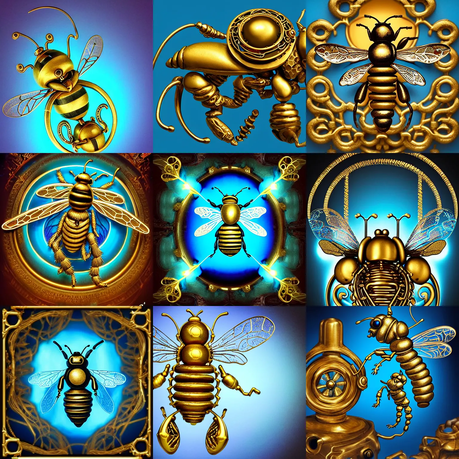 Prompt: Kaladesh digital art. Gold metal bee/rat mechanical homunculus invention, cute. Decorative flourish metalwork, heavy-gauge filigree, cogs, blown glass, glowing cyan blue plasma.