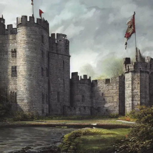 Prompt: a very tall grand english castle in the english country side, its walls have never fallen and its red flags ever beautiful, built of large heavy white stones, dnd card art, fantasy comics, pen drawing, hyper detailed, extremely complex, hyper realistic, intricate classic art, old painting, great works of the masters, by greg rutkowski, sung choi,