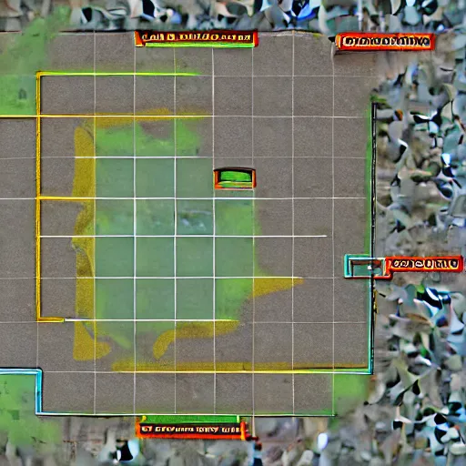 Prompt: cs : go minimap, layout of map, 2 character spawn locations on opposite sides of map with a highlighted box around them, 2 objective sites with a hihg lighted box around them, overhead view of the minimap design