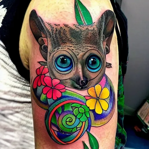 Image similar to shoulder tattoo of a multicolored trippy furry cute bushbaby with rainbow colored spiral eyes, surrounded with colorful shrooms and flowers, marihuana leaves, insanely integrate