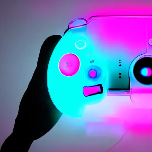 Prompt: hand holds gamepad through torn hole. creative pop art pink blue neon color. trendy gradient illumination. night light