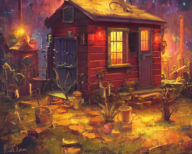 Image similar to IKEA catalogue photo of a steampunk shed, by Paul Lehr
