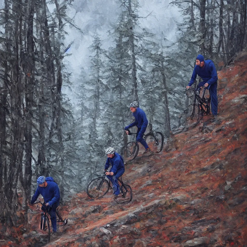 Prompt: Two men biking up a steep forest hill with a deep dark blue sweater and a wine red sweater. sweaty. Oil painting. Emotional. Trending on artstation. Steep. Nordic Trees. Rustic. Artistic.