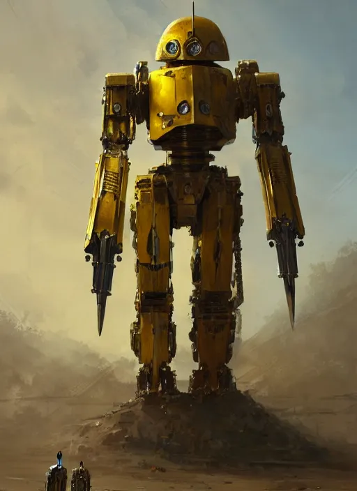 Image similar to human-sized strong intricate yellow pit droid carrying very detailed perfect antique great sword and beautiful large paladin shield, pancake short large head, exposed metal bones, painterly humanoid mecha, slightly far away, by Greg Rutkowski