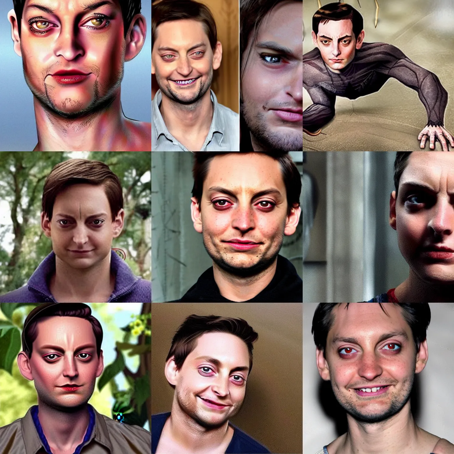 Prompt: a human-spider hybrid with the face of Tobey Maguire