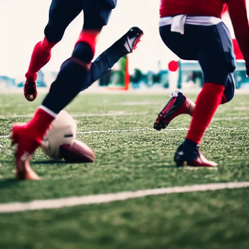 Image similar to low angle shot of football players about to collide, dramatic lighting, shallow depth of field, football players are made of yarn