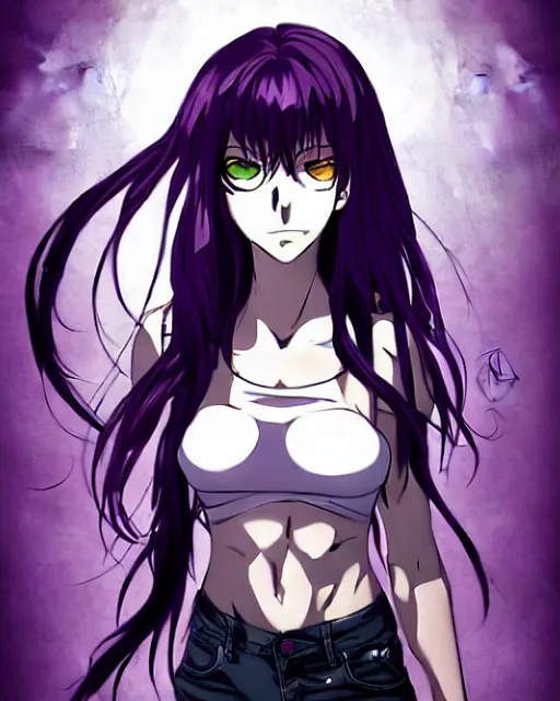 Image similar to style of madhouse studio anime, black lagoon manga, loish, artgerm, comic art, portrait of revy from black lagoon, symmetrical eyes and symmetrical face, jean shorts, white tank top, purple hair, sarcastic evil smirk on face, sky and ocean background