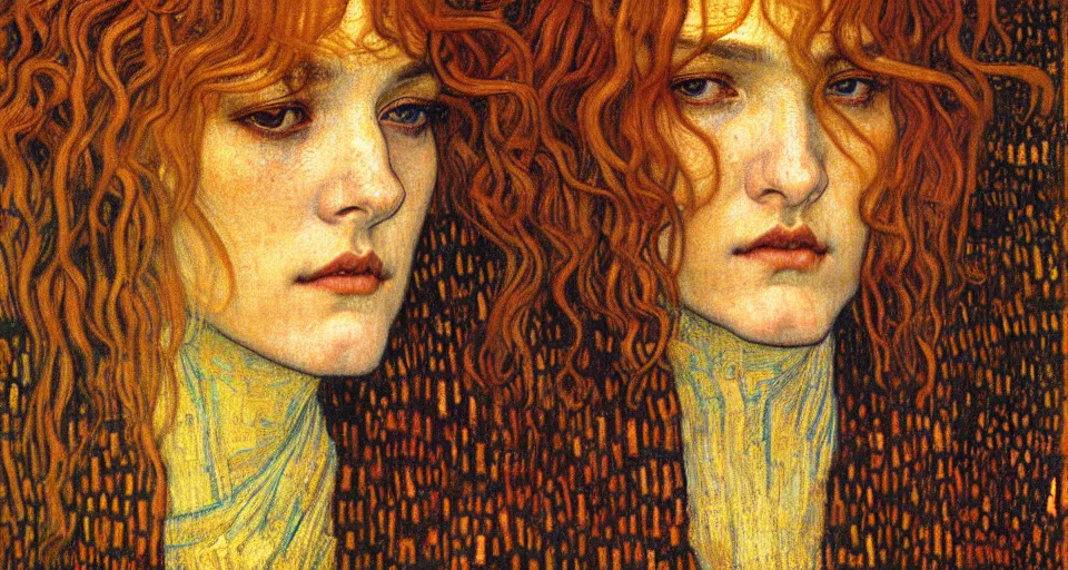 Image similar to detailed realistic beautiful young medieval queen face portrait by jean delville, gustav klimt and vincent van gogh, art nouveau, symbolist, visionary, gothic, pre - raphaelite, muted earthy colors, desaturated