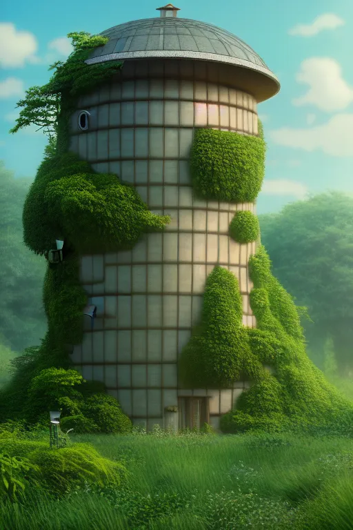 Image similar to cylindrical house, solarpunk, studio ghibli, jean - baptiste monge, octane render, 4 k