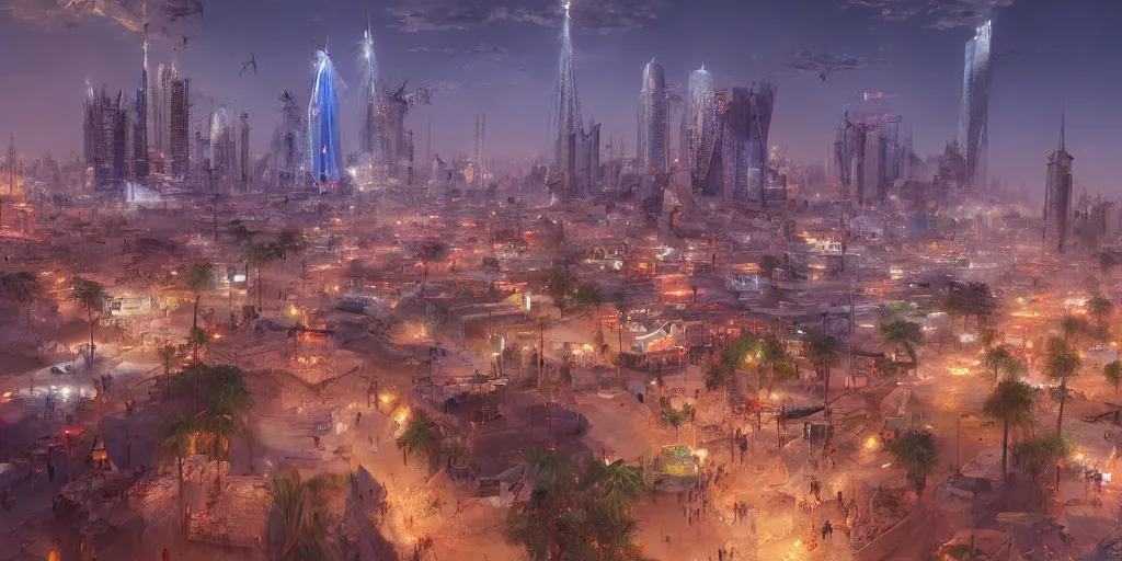 Prompt: a beautiful painting of baghdad city, crowded people, landscape, fantasy, futuristic, trending on artstation, unreal engine