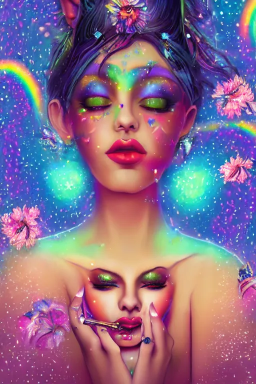 Image similar to psychedelic, digital painting, 4k, illustration, beautiful seductive woman with fox ears smoking weed, with professional makeup, long trippy hair, a crystal and flower dress, sitting on bed of crystals, surrounded by gems, underneath the stars, rainbow fireflies, trending on patreon, deviantart, twitter, artstation, volumetric lighting, heavy contrast, art style of Greg Rutkowski and artgerm and alphonse mucha