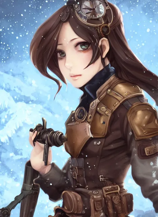 Prompt: girl with steampunk weapons and uniform, serious, finely detailed, made by artgerm, ross tran, full body portrait, illustration, snow, snowing, cloudy, anime, side view, perfect anime face, realistic face, zoomed out, smooth, brown eyes, high waisted shorts