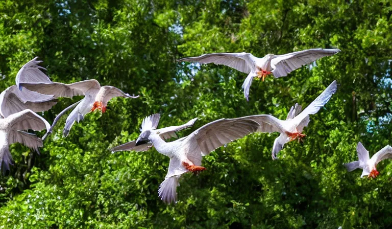 Prompt: Flock of Paradisaea raggiana dinosaur flying hd nature photography