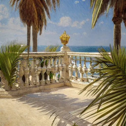 Image similar to a ultradetailed beautiful painting of the amazonas palace balustrade designed by jules bastien - lepage, hans belmer, frank weston and gustave baumann, beach, trending on artstation, mediterranean, palm trees, refracted color sparkles, sharp focus, soft light, 8 k 4 k