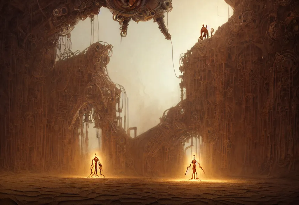 Prompt: A closeup human in arabian vestments performs a glowing magical ritual to resurrect a mechanical horse inside a ancient steel ruins are covered with barchans of sand. Art by Finnian MacManus, Simon Stalenhag, Arthur Rackham. Masterpiece, fantasy art, steampunk, cinematic, hyperdetailed, octane render, 8k, photorealistic, hyperrealism