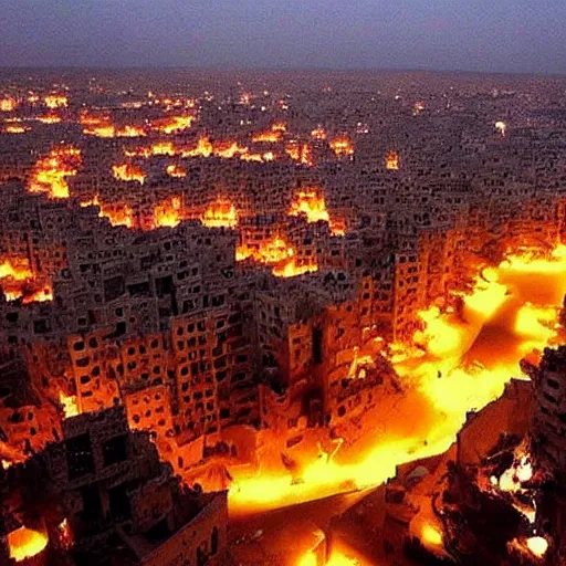 Image similar to pictures of bombed city in Syria at night, fire bombs nuke