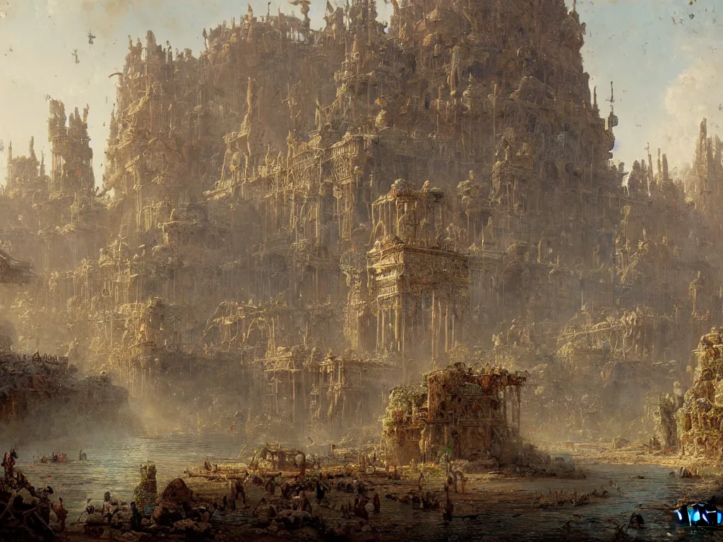 Image similar to detailed painting of a multiverse gateway in ancient mesopotamia in the middle of a sulphur lake, filigree ornaments, andreas achenbach, simon stalenhag