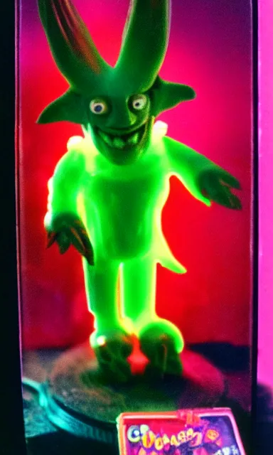 Image similar to colorful crystal gary busey creature, 9 0 s toy commercial, photo from the 7 0 s, horror lighting, neon lighting, polaroid photo,