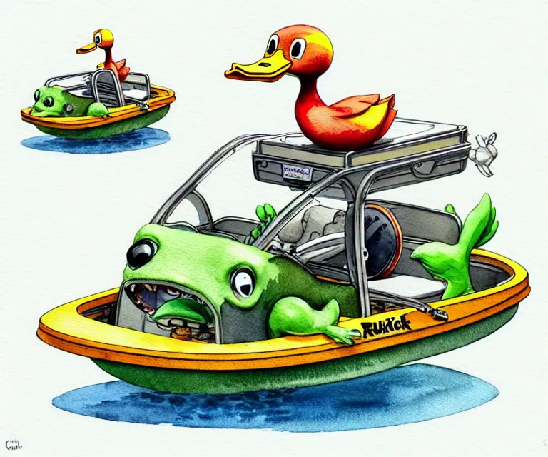 Image similar to cute and funny, duck riding in a tiny amphibious boat with wheels, ratfink style by ed roth, centered award winning watercolor pen illustration, isometric illustration by chihiro iwasaki, edited by craola, tiny details by artgerm and watercolor girl, symmetrically isometrically centered